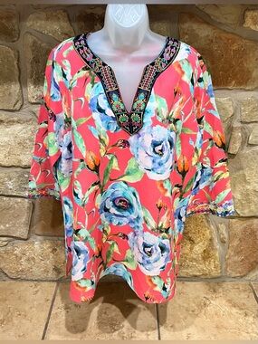 Soft Surroundings Salmon Pink Floral Print Linen Blend Tunic Blouse Women's XL